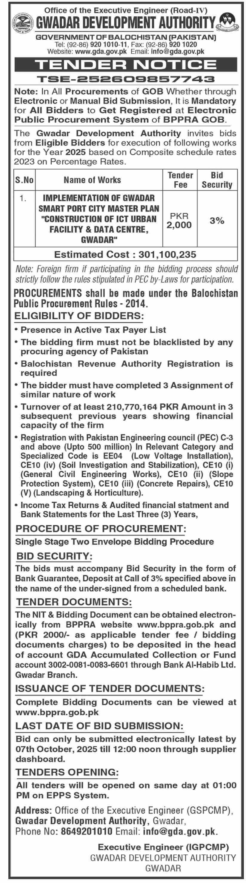 Gwadar Development Authority Tender Notice